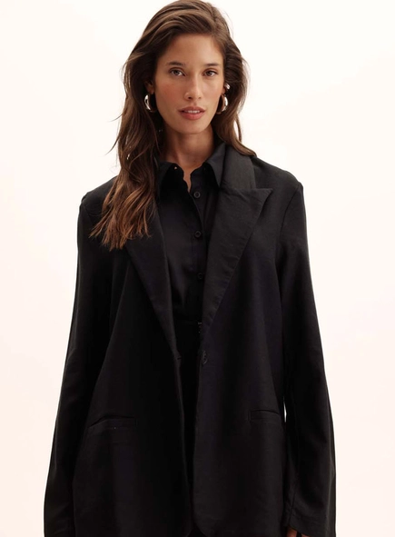 Blazer Feminino Alfaiataria Linho Com Bolsos