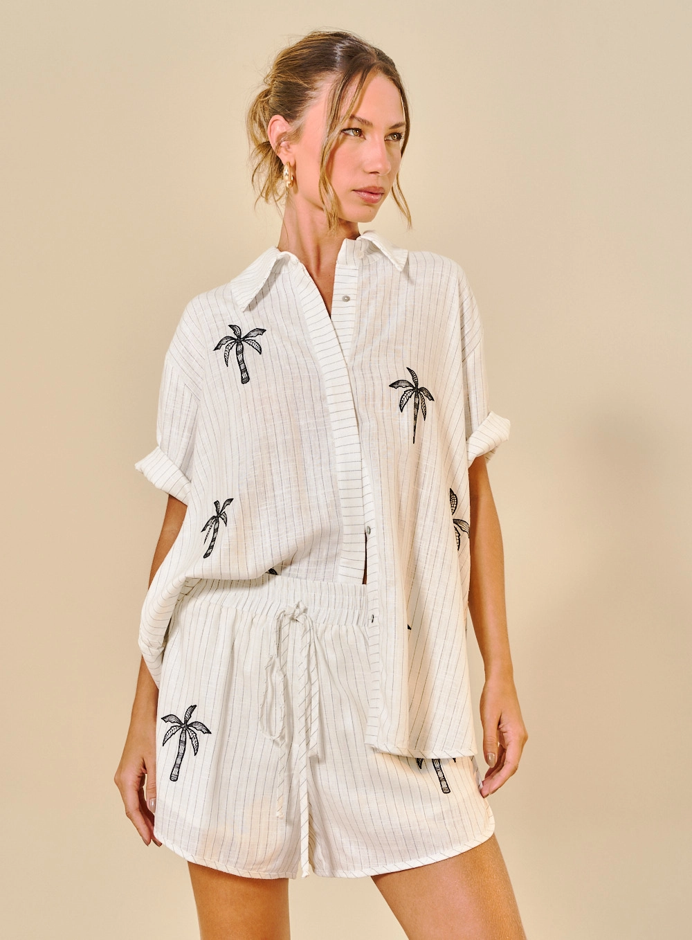 Conjunto Camisa E Short Em Linho Listrado Estampados 1