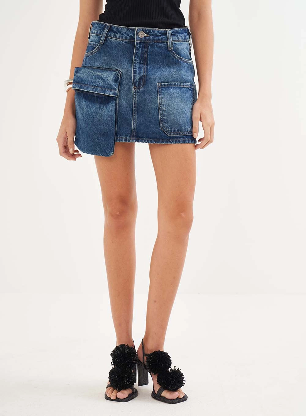 Saia Jeans Alfaiataria Com Bolsos Frontais Cancun Índigo