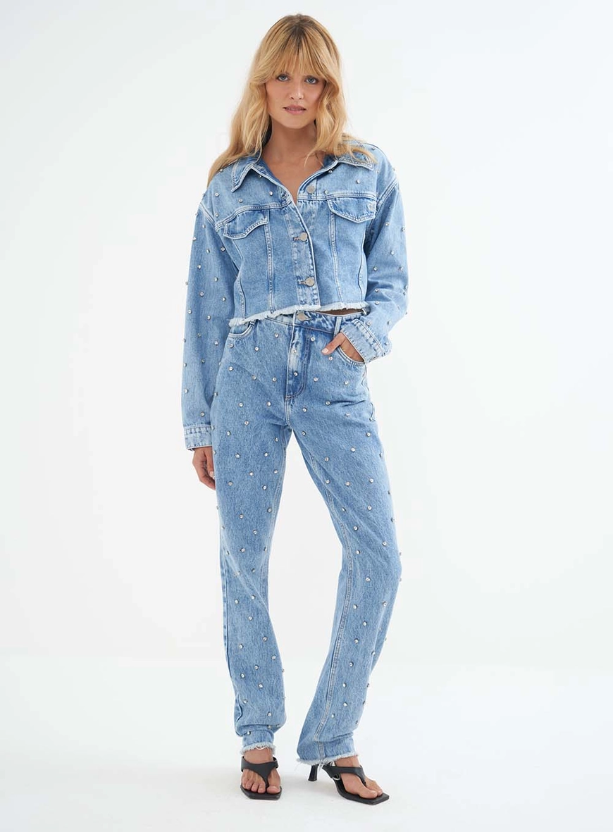 Jaqueta Jeans Feminina Cropped Com Bordado Manual Jaqueta Jeans
