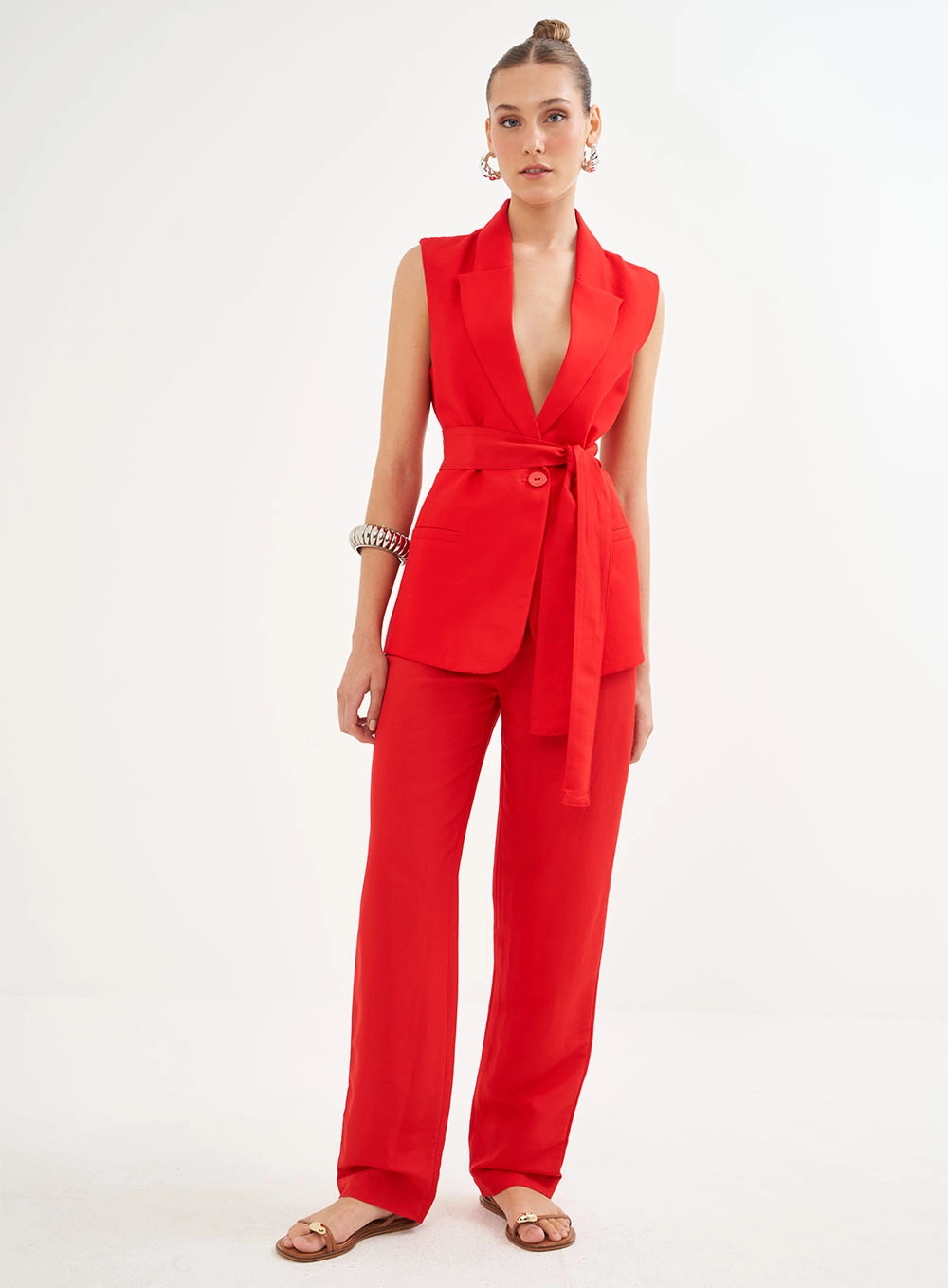 Calça Feminina Alfaiataria Em Linho Vermelho