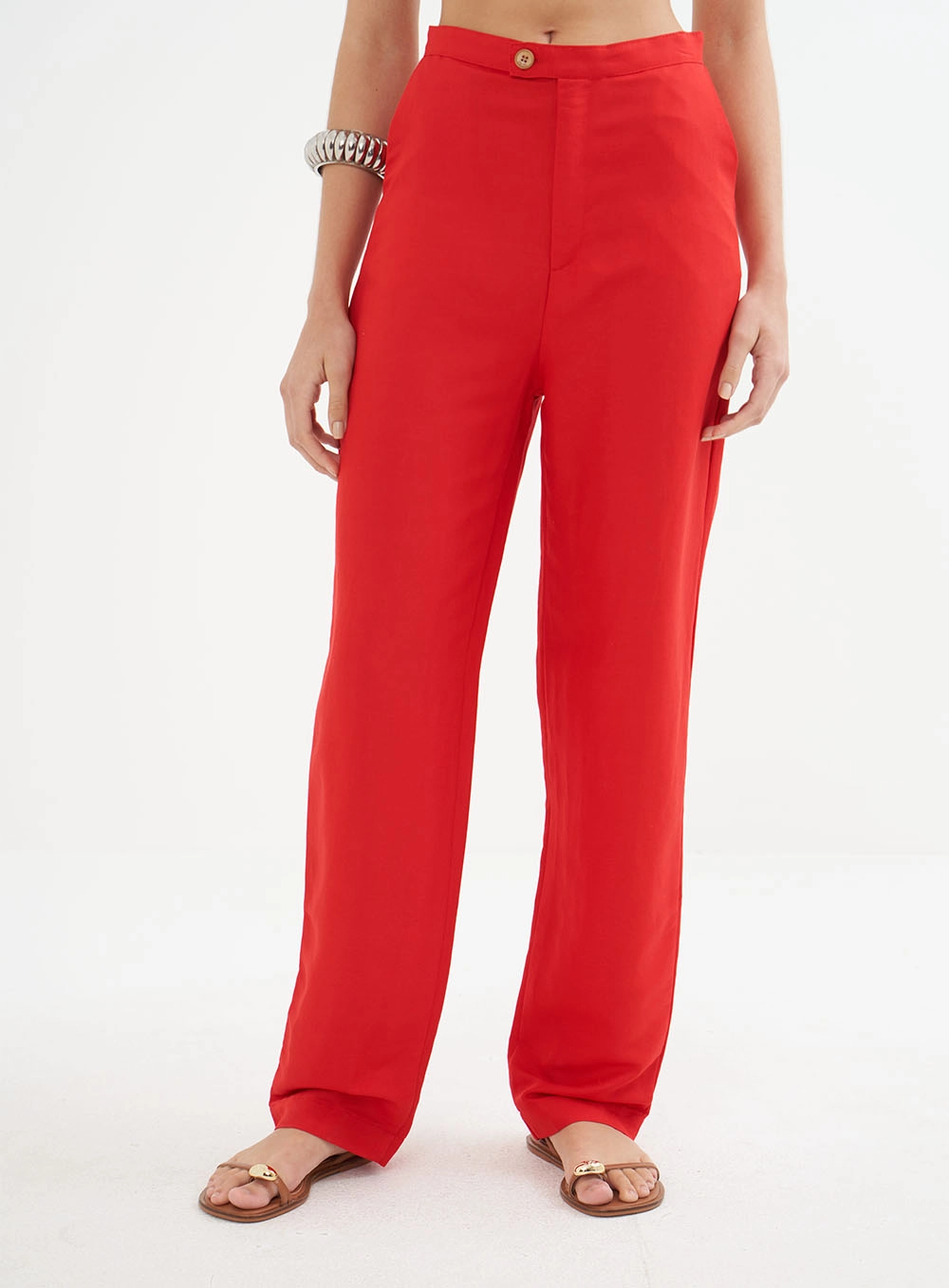 Calça Feminina Alfaiataria Em Linho Vermelho