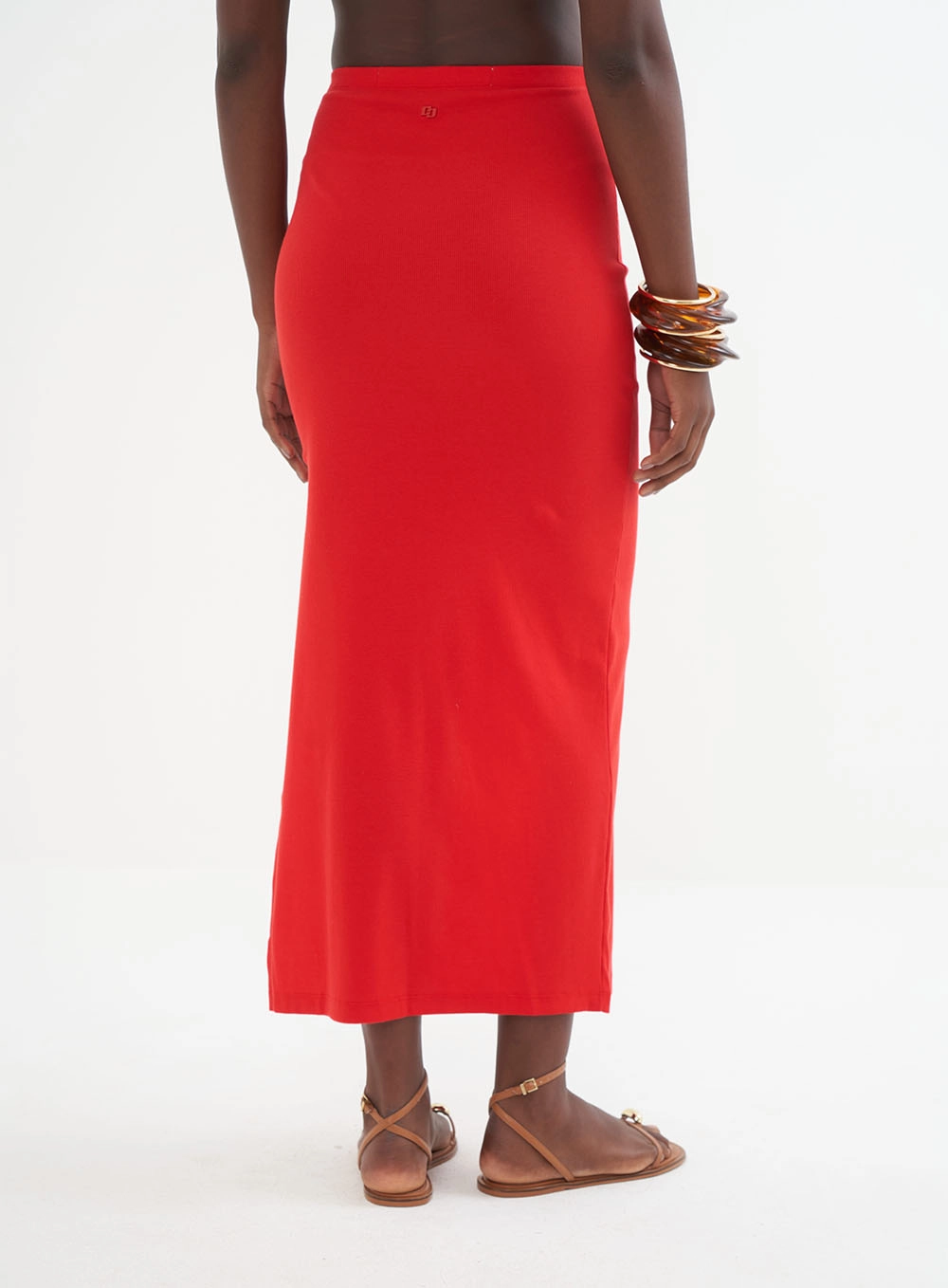 Saia Midi Canelada Com Fenda Lateral Vermelho