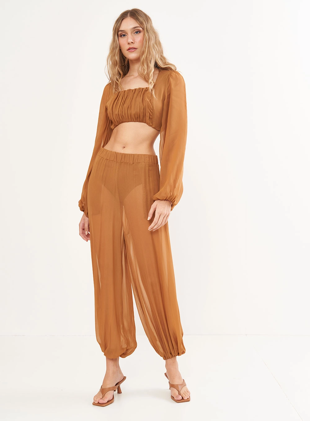 Blusa Mangas Bufantes Com Transparência Marrom Evermore