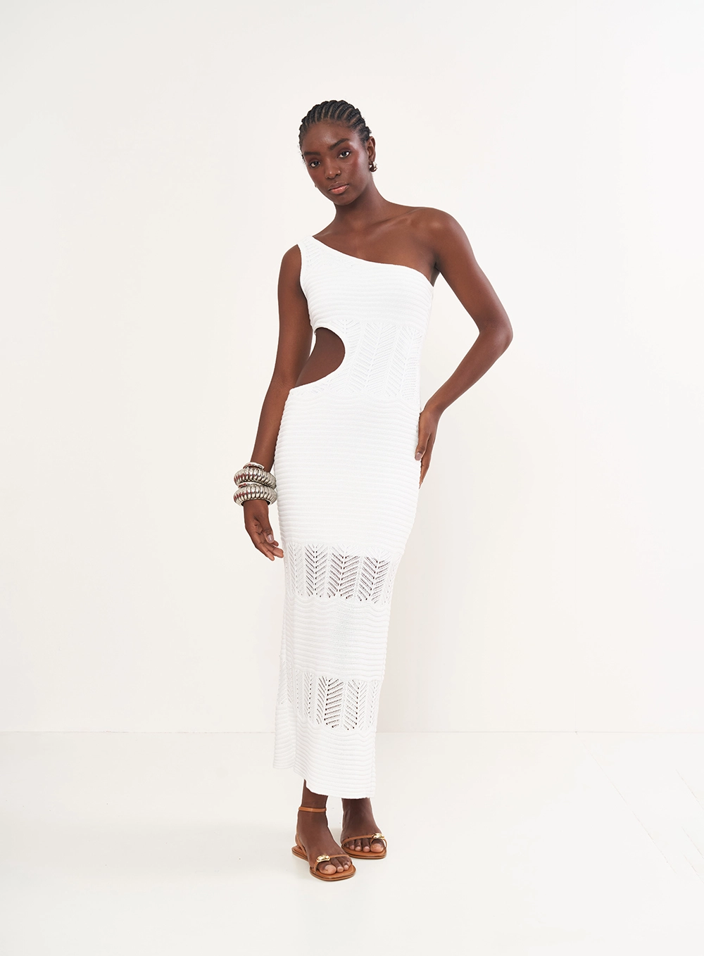 Vestido Midi Em Tricô Uma Alça Off Shell