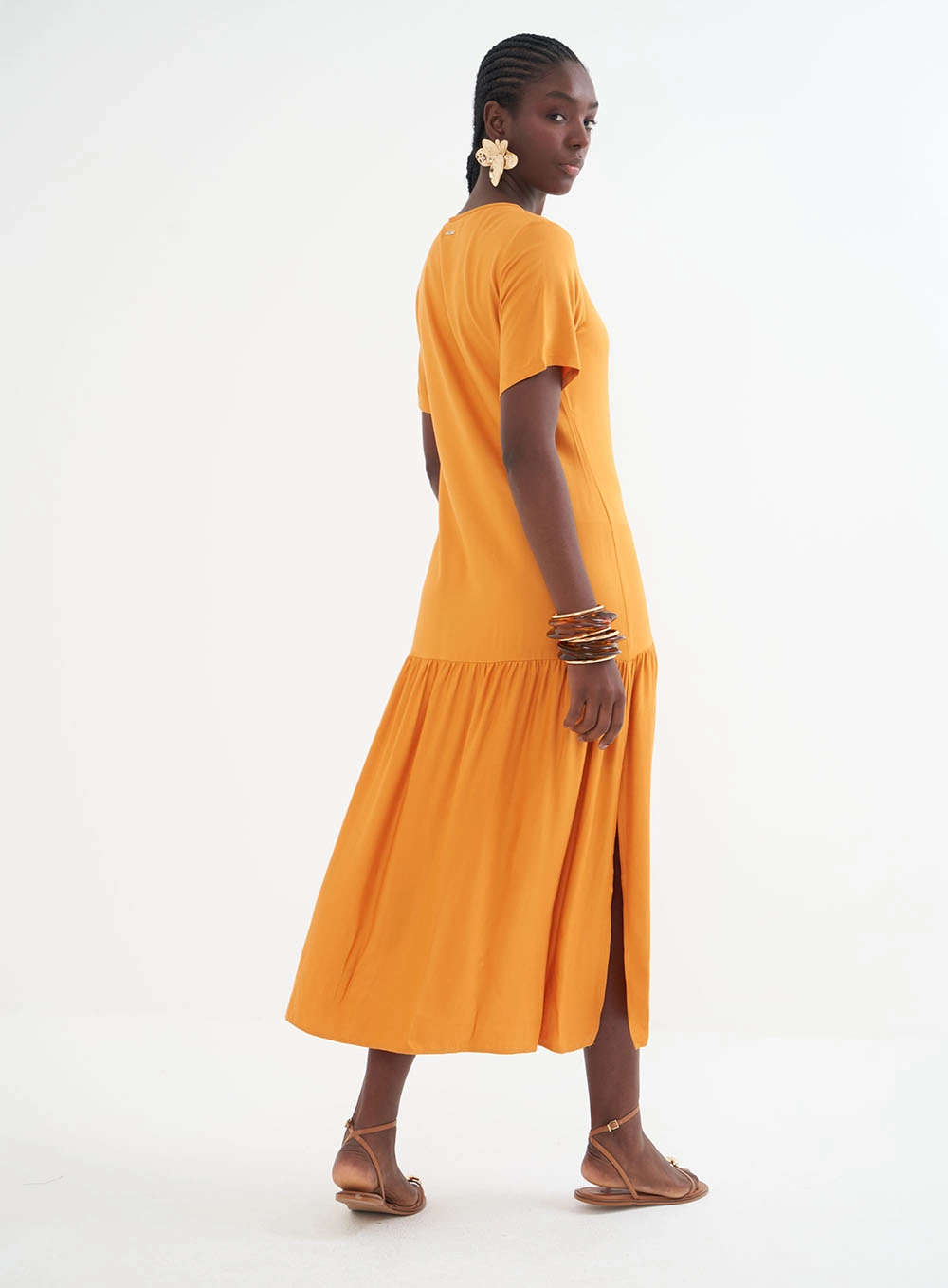 Vestido Midi Reto Com Drapeado Laranja