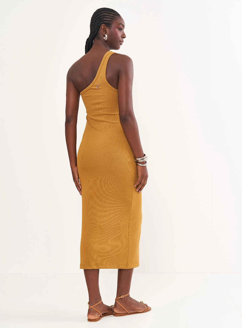 Vestido Midi Justo Uma Alça Marrom Ebbela