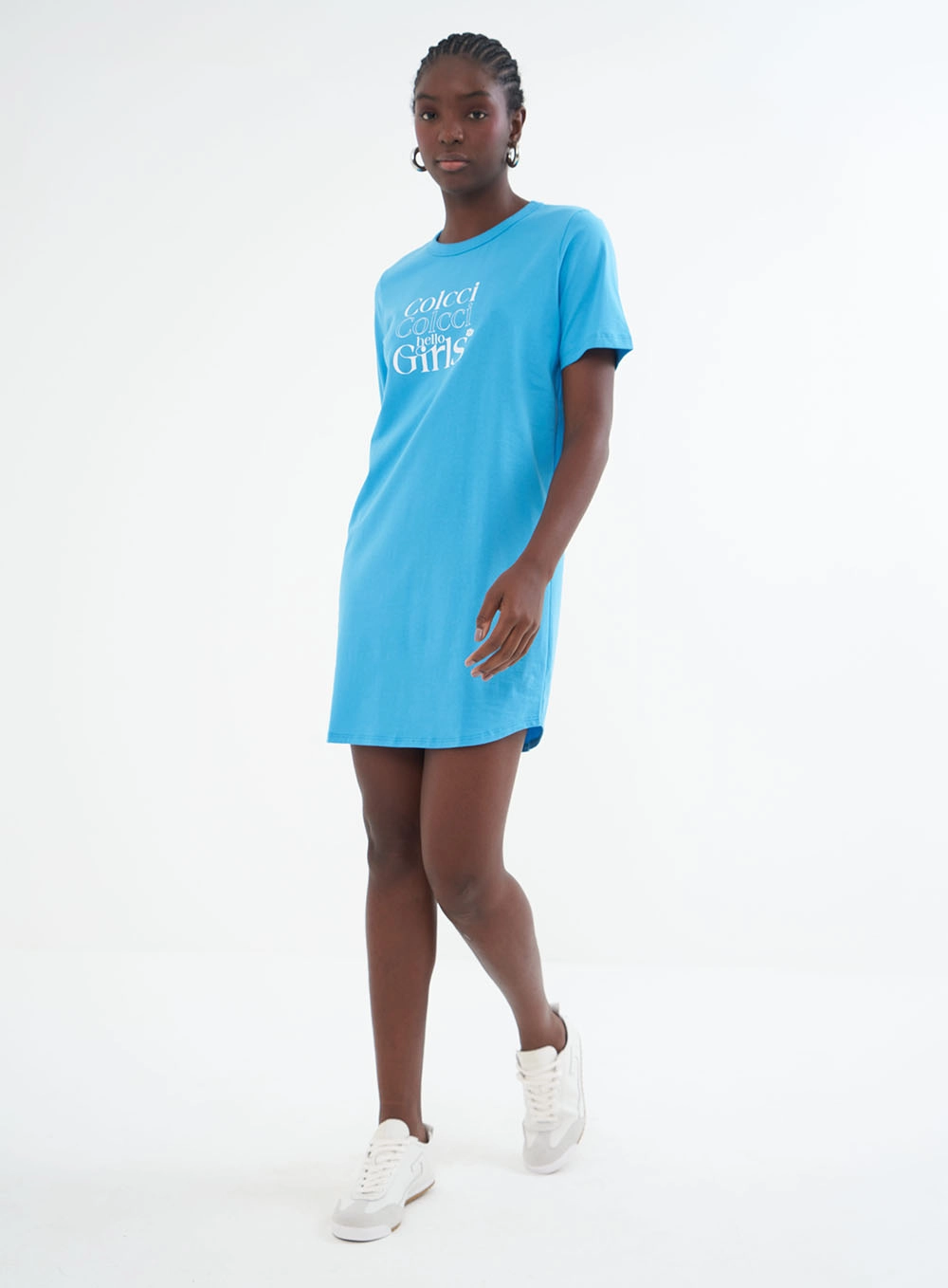 Vestido T-shirt Encurtado Com Estampa Frontal Azul