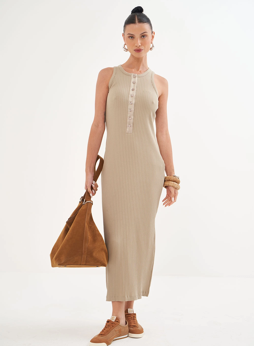 Vestido Malha Passione Canelado Midi Bege