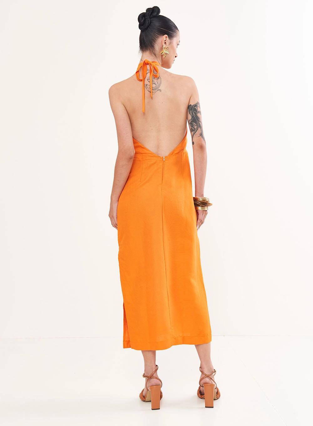 Vestido Midi Frente Única Com Torção - Riviera Laranja