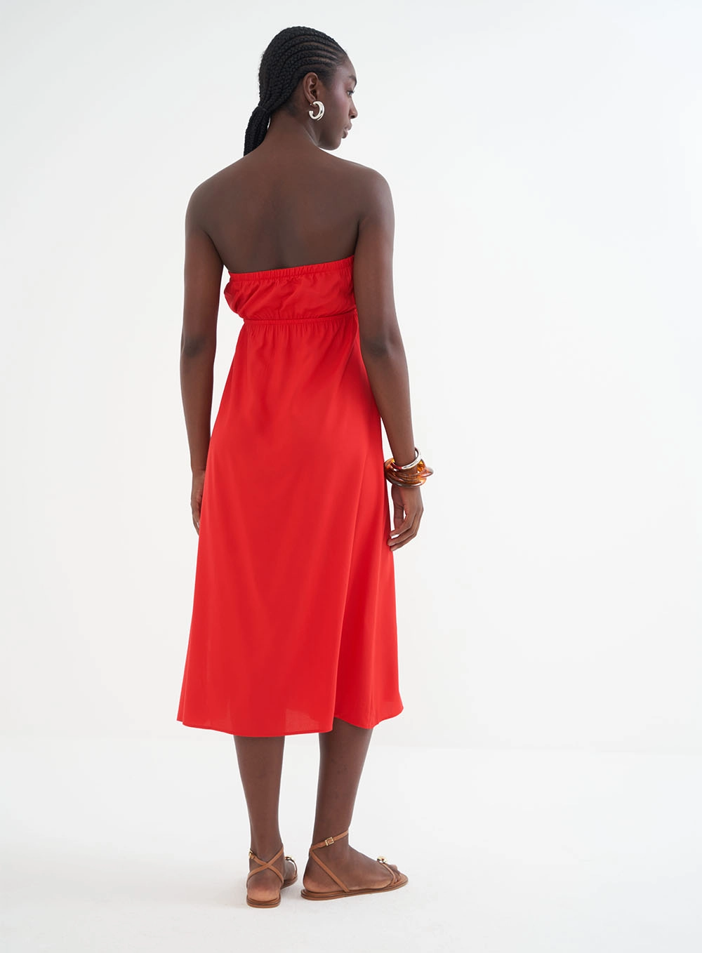 Vestido Midi Sem Alças E Recorte Com Elástico Vermelho
