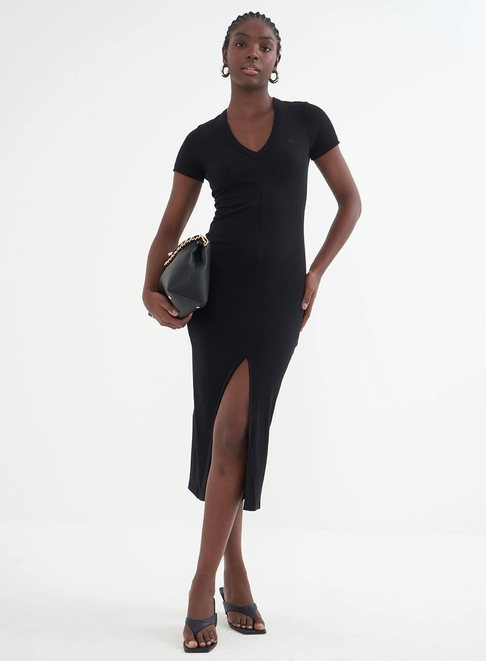Vestido Midi Justo Com Fenda Frontal Preto