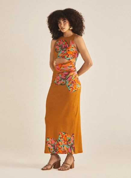 Vestido Slim Longo Com Recorte Estampado