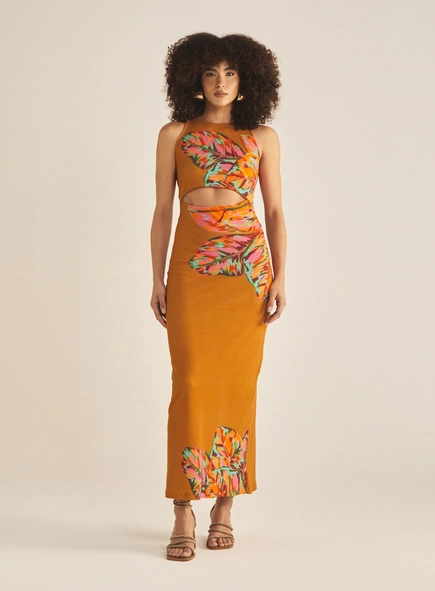 Vestido Slim Longo Com Recorte Estampado