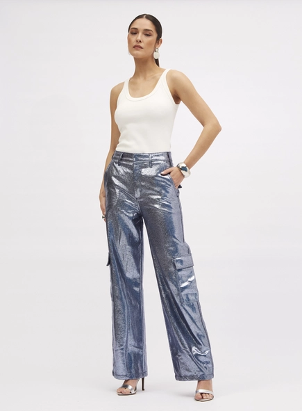 Calça Jeans Metalizada Reta