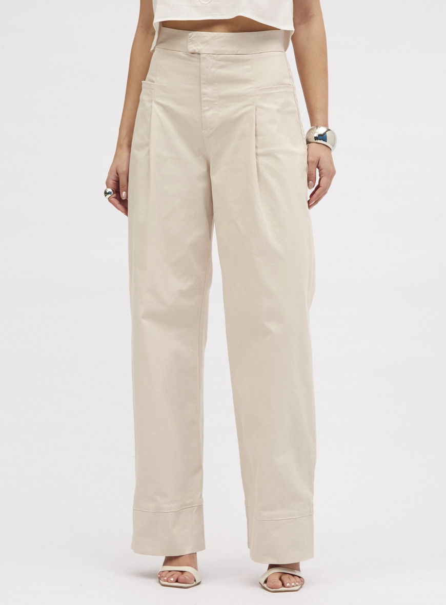 Calça Feminina Alfaiataria Wide Leg Com Pregas Bege 2