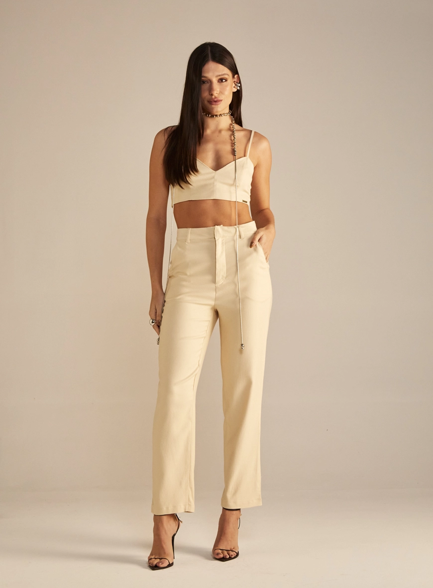 Calça Feminina Alfaiataria Reta Bolso Faca Bege 1
