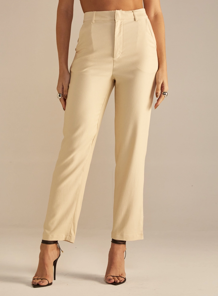 Calça Feminina Alfaiataria Reta Bolso Faca Bege 2