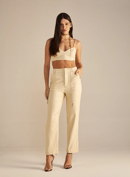 Calça Feminina Alfaiataria Reta Bolso Faca