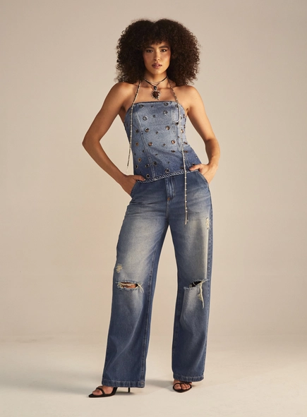 Calça Jeans Feminina Baggy Wide Leg Com Rasgos