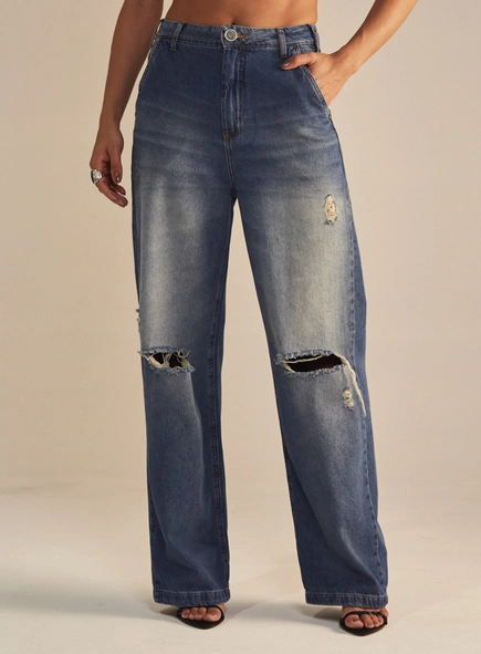 Calça Jeans Feminina Baggy Wide Leg Com Rasgos