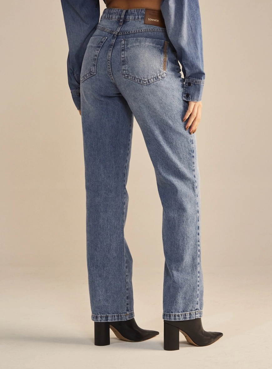 Calça Jeans Feminina Reta Slim Cintura Alta Índigo 4