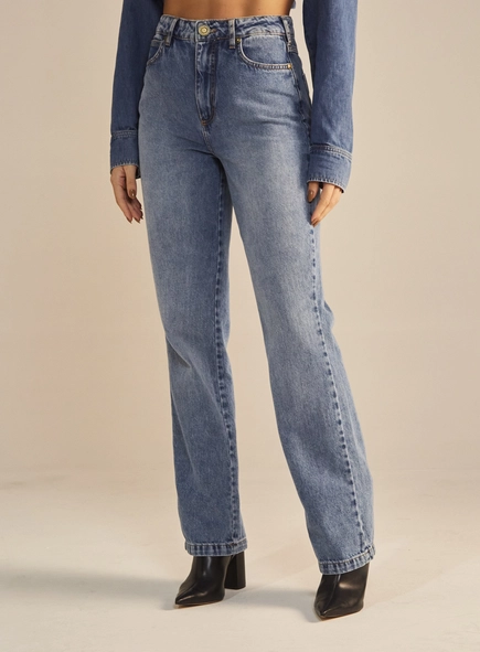 Calça Jeans Feminina Reta Slim Cintura Alta
