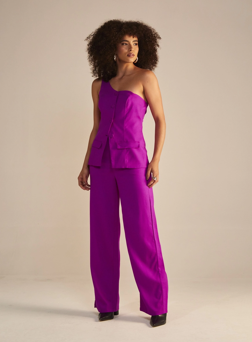 Calça Feminina Alfaiataria Reta Pantalona Roxo 1