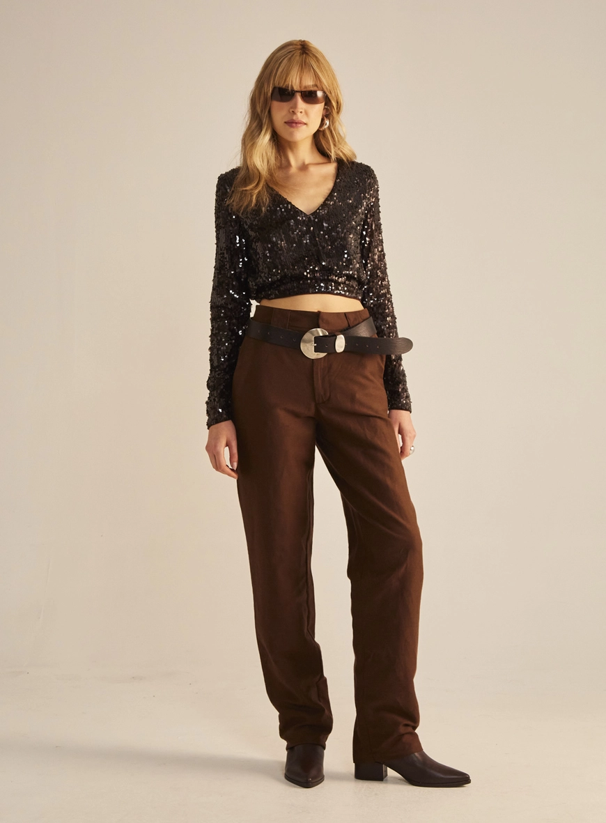 Calça Feminina Alfaiataria Reta Cintura Alta Marrom 1