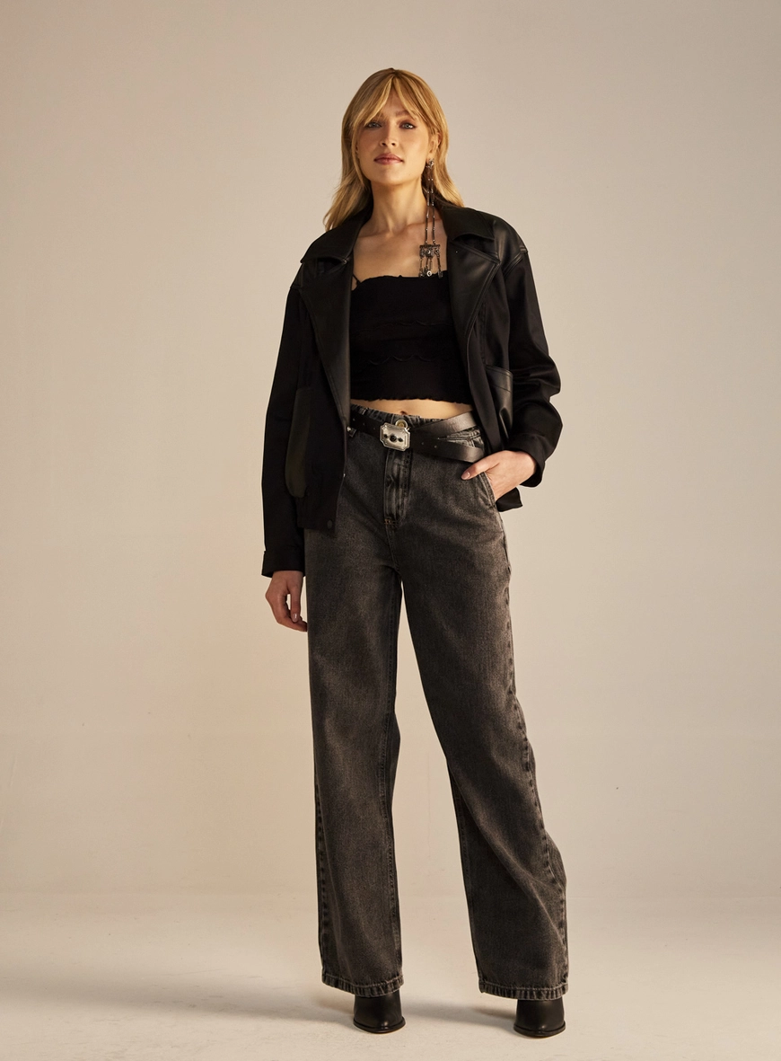 Calça Jeans Feminina Wide Leg Estonada Indigo Preto 1