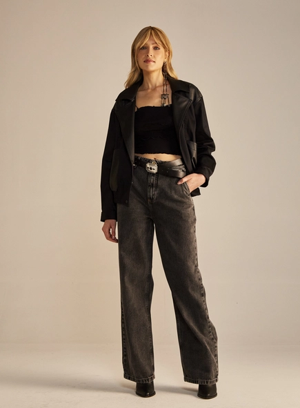 Calça Jeans Feminina Wide Leg Estonada
