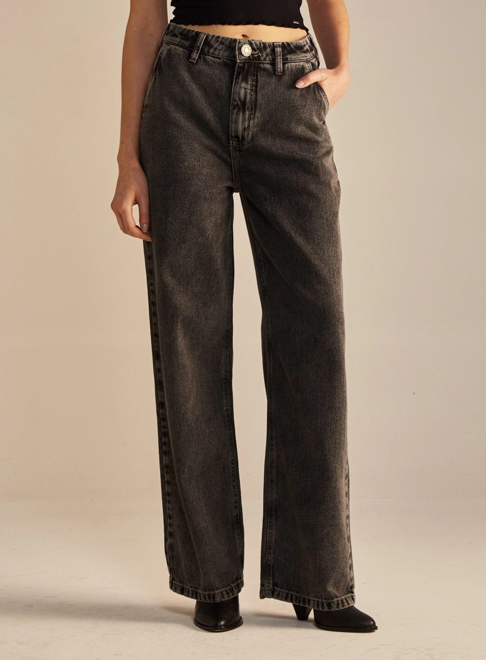 Calça Jeans Feminina Wide Leg Estonada Indigo Preto 2