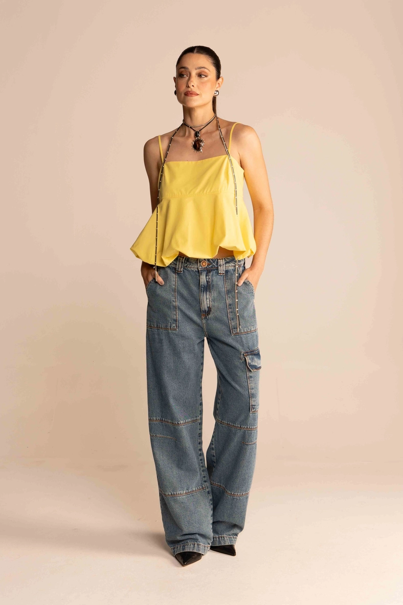 Calça Jeans Feminina Reta Com Bolsos Cargo Índigo 1