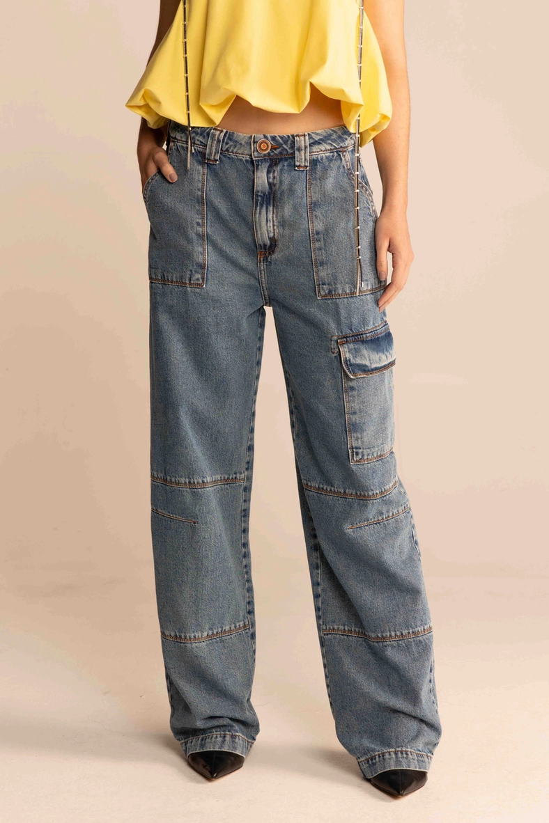 Calça Jeans Feminina Reta Com Bolsos Cargo Índigo 2