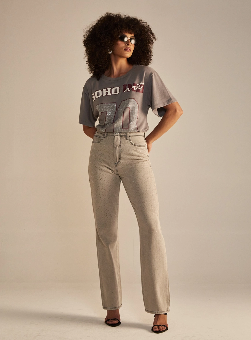 Calça Jeans Feminina Reta Slim Com Aplicação Indigo Preto 1