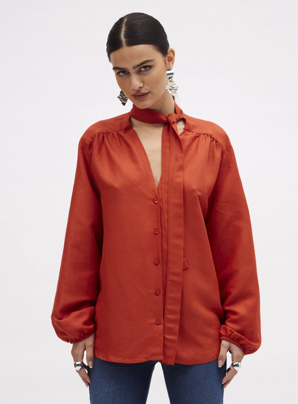 Camisa Linho Ampla Com Amarração Laranja 2