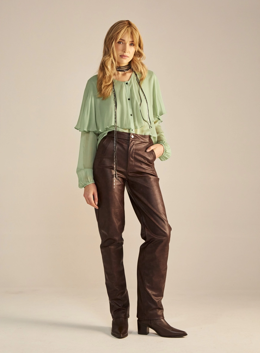 Camisa Feminina Com Babados Ampla Verde 4