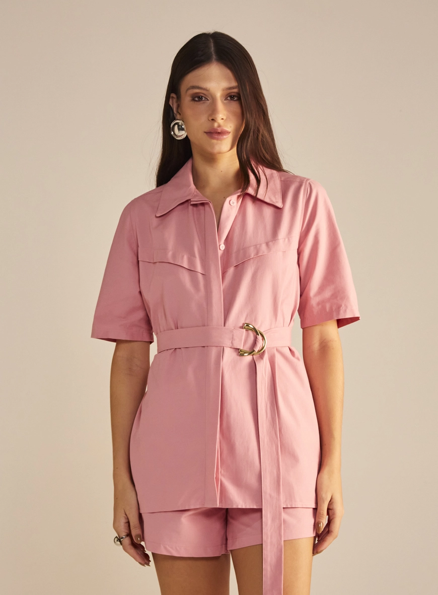 Camisa Feminina Alfaiataria Alongada Com Cinto Rosa 1