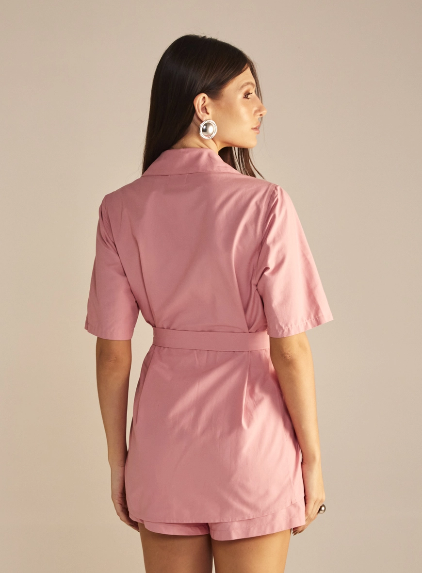 Camisa Feminina Alfaiataria Alongada Com Cinto Rosa 3