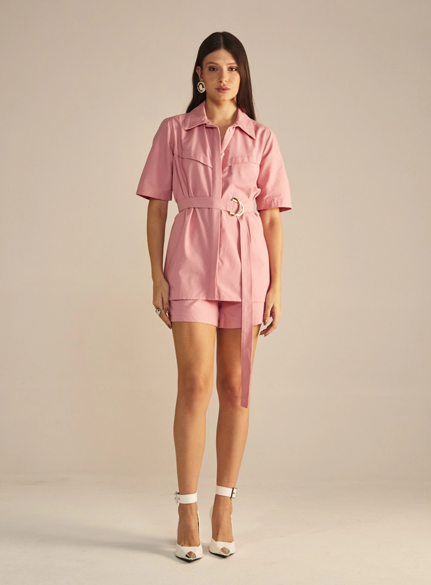 Camisa Feminina Alfaiataria Alongada Com Cinto Rosa 4
