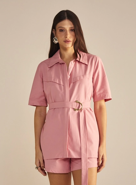 Camisa Feminina Alfaiataria Alongada Com Cinto