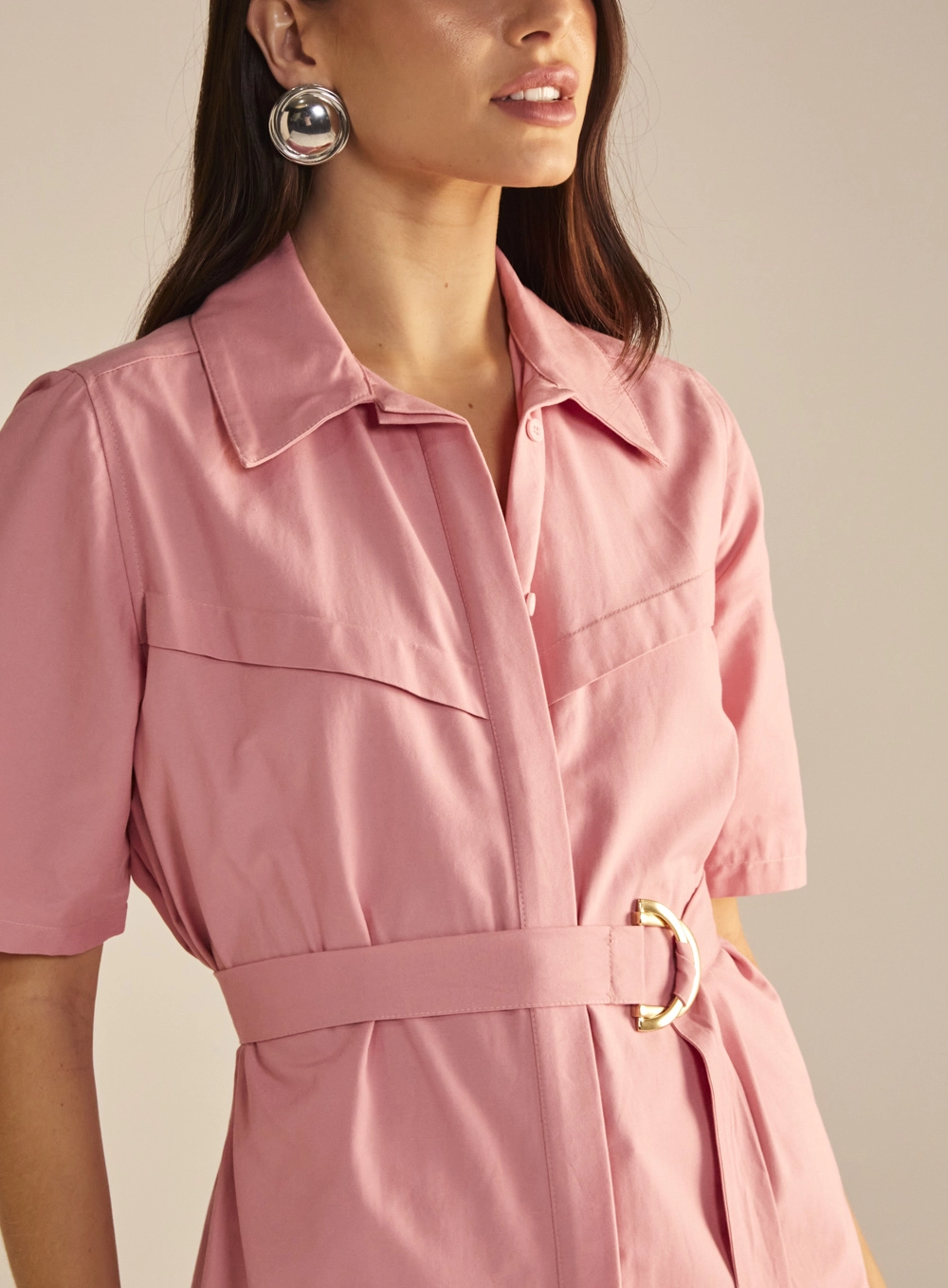 Camisa Feminina Alfaiataria Alongada Com Cinto Rosa 2