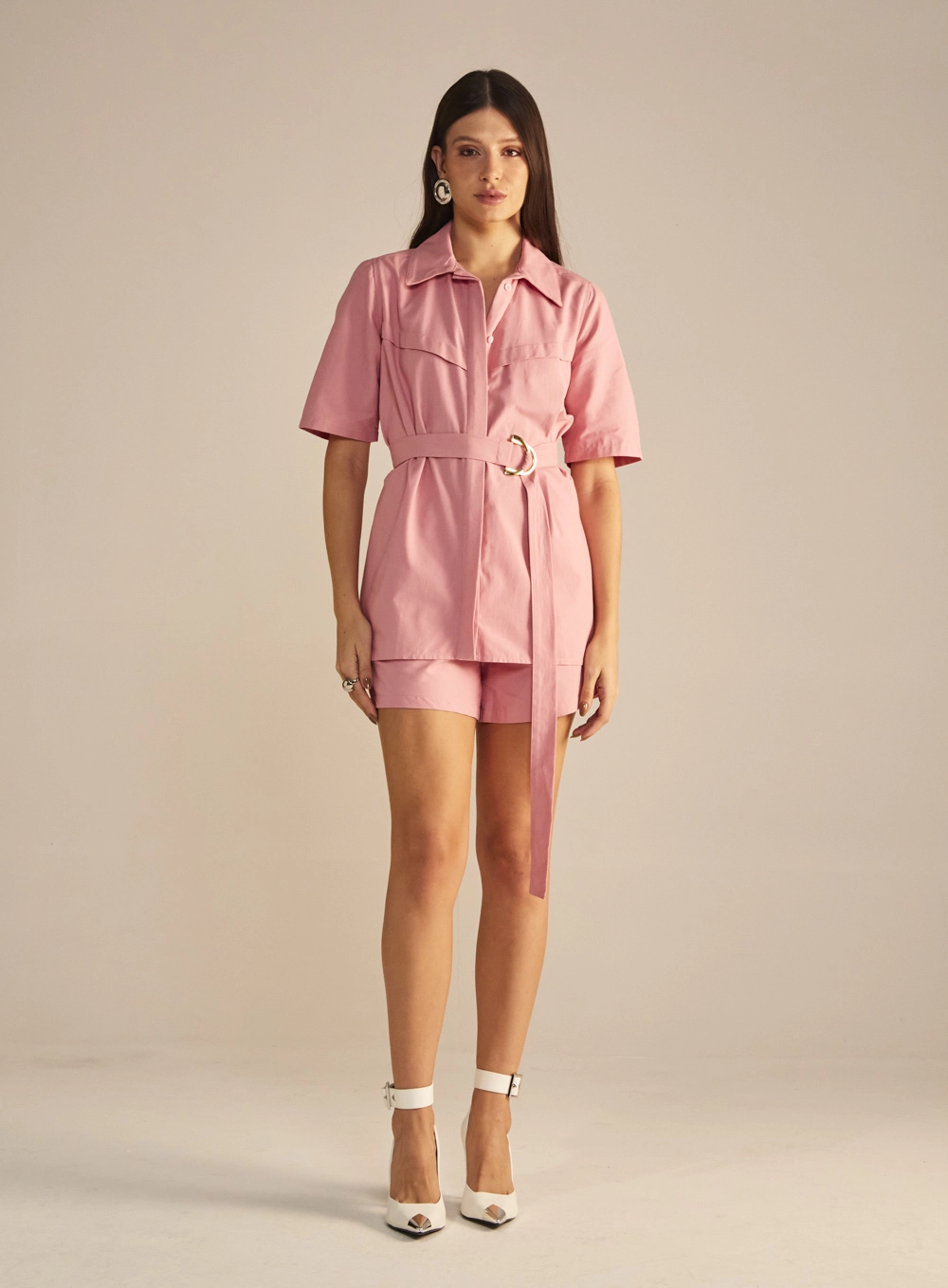 Camisa Feminina Alfaiataria Alongada Com Cinto Rosa 4