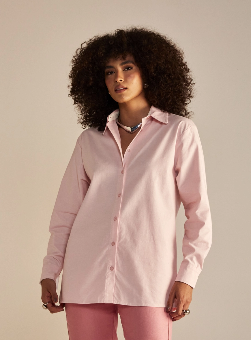 Camisa Feminina Alfaiataria Oversized Gola Polo Rosa 1