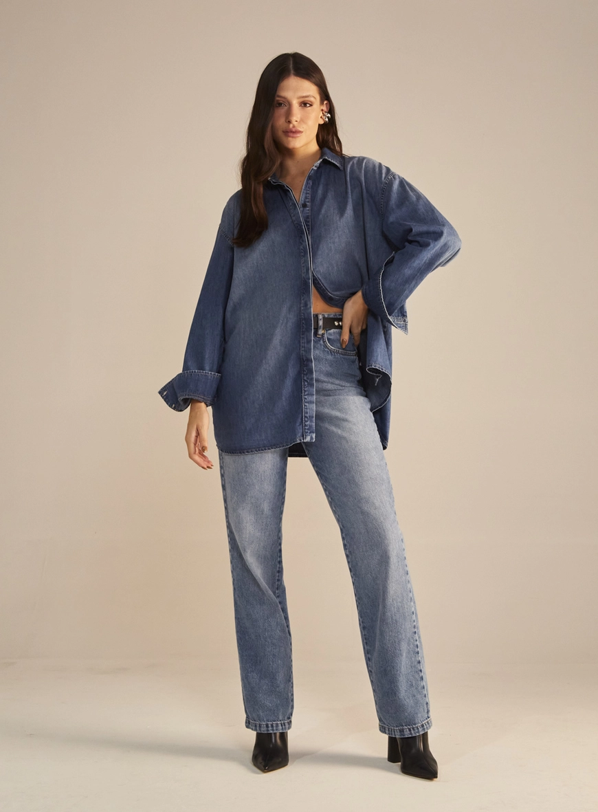 Camisa Jeans Feminina Ampla Manga Longa Índigo 4