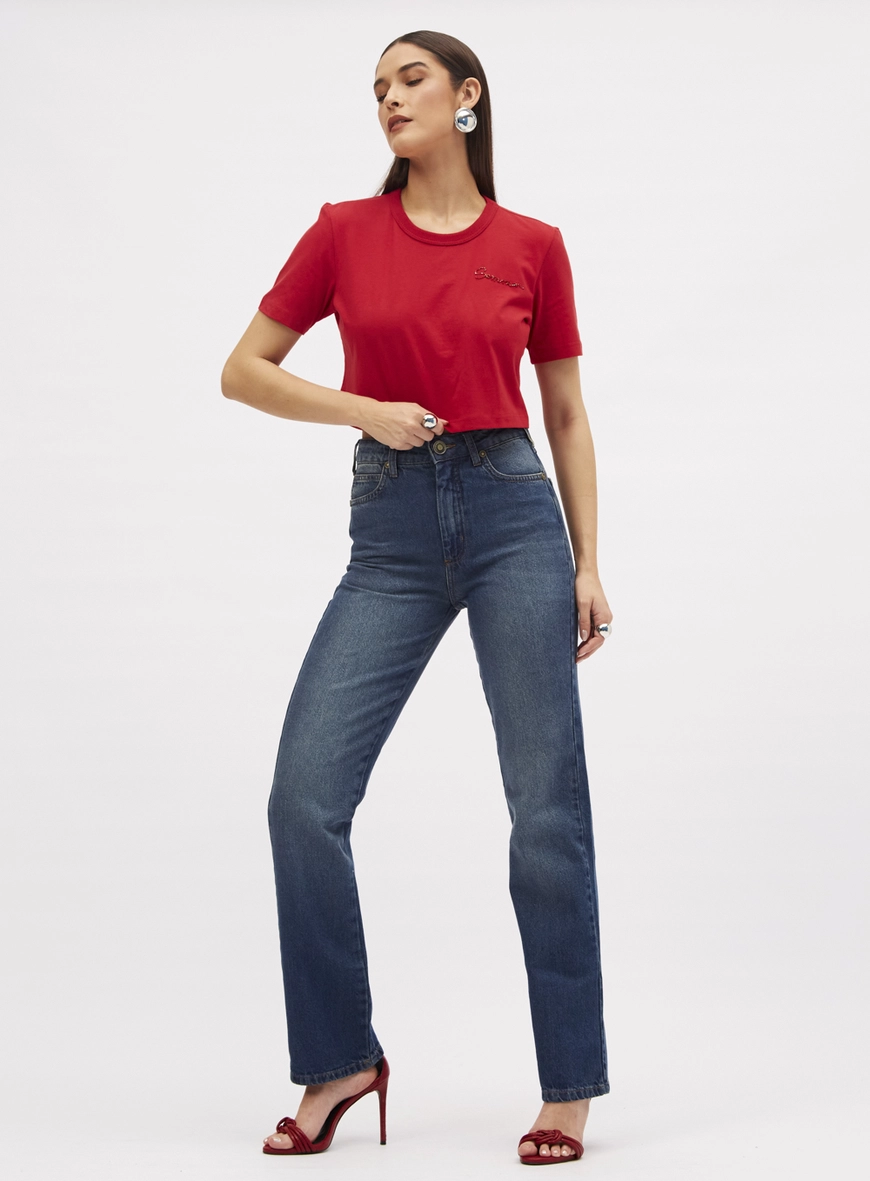 Camiseta Basic Com Bordado Manual Vermelho 1