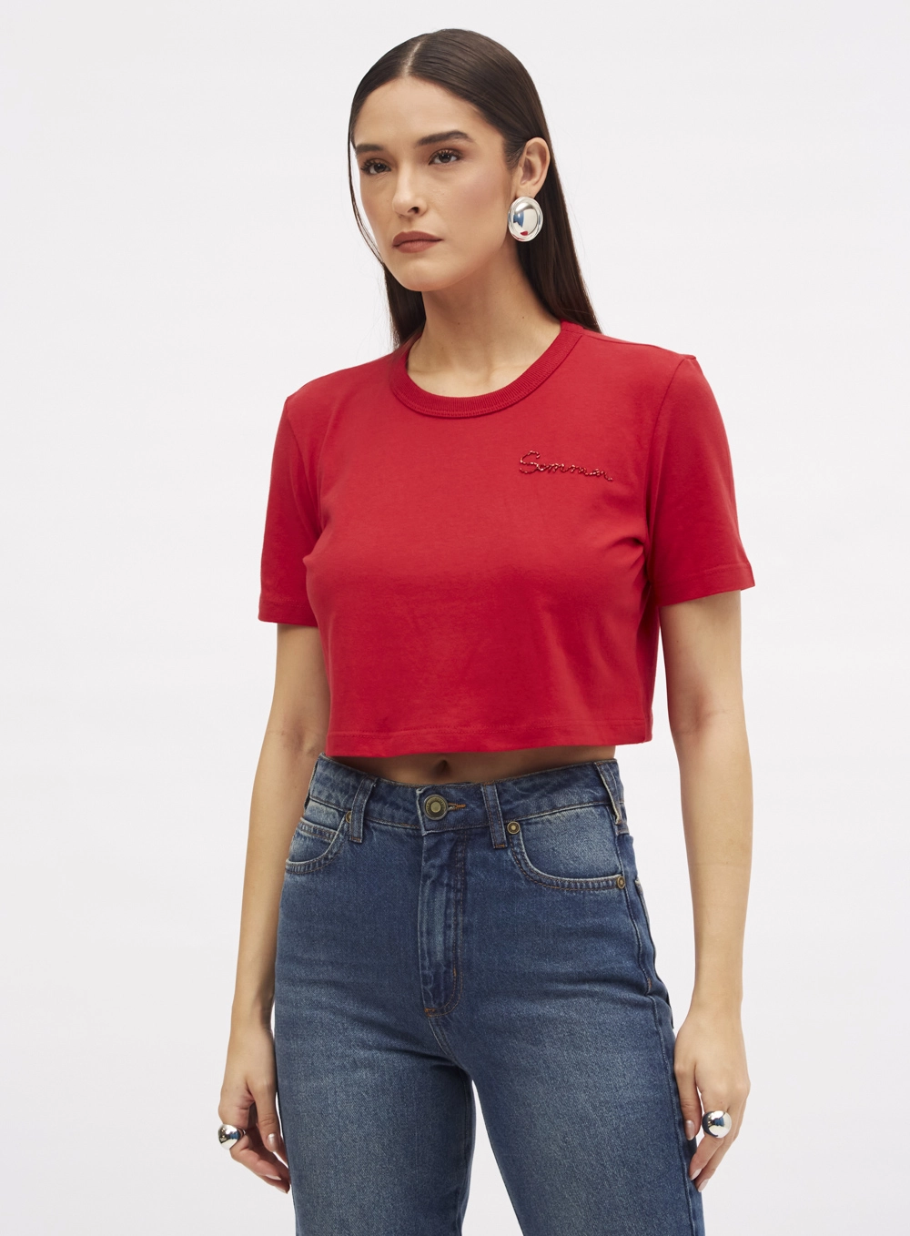 Camiseta Basic Com Bordado Manual Vermelho 2