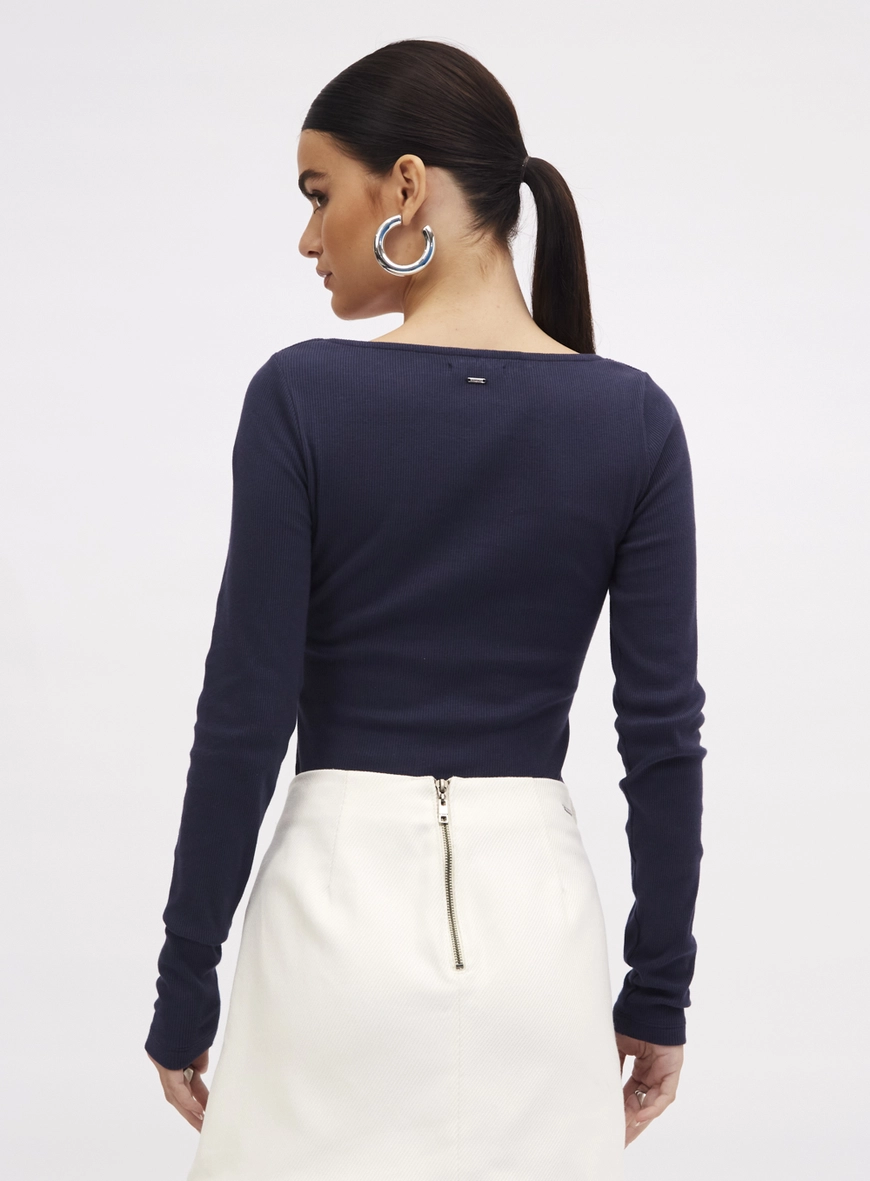 Blusa Slim Canelada Manga Longa Azul 3