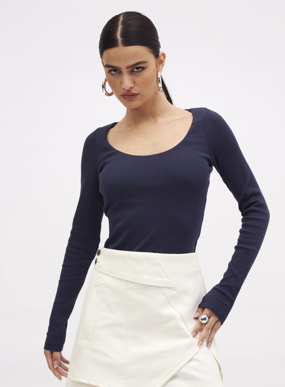 Blusa Slim Canelada Manga Longa Azul 2