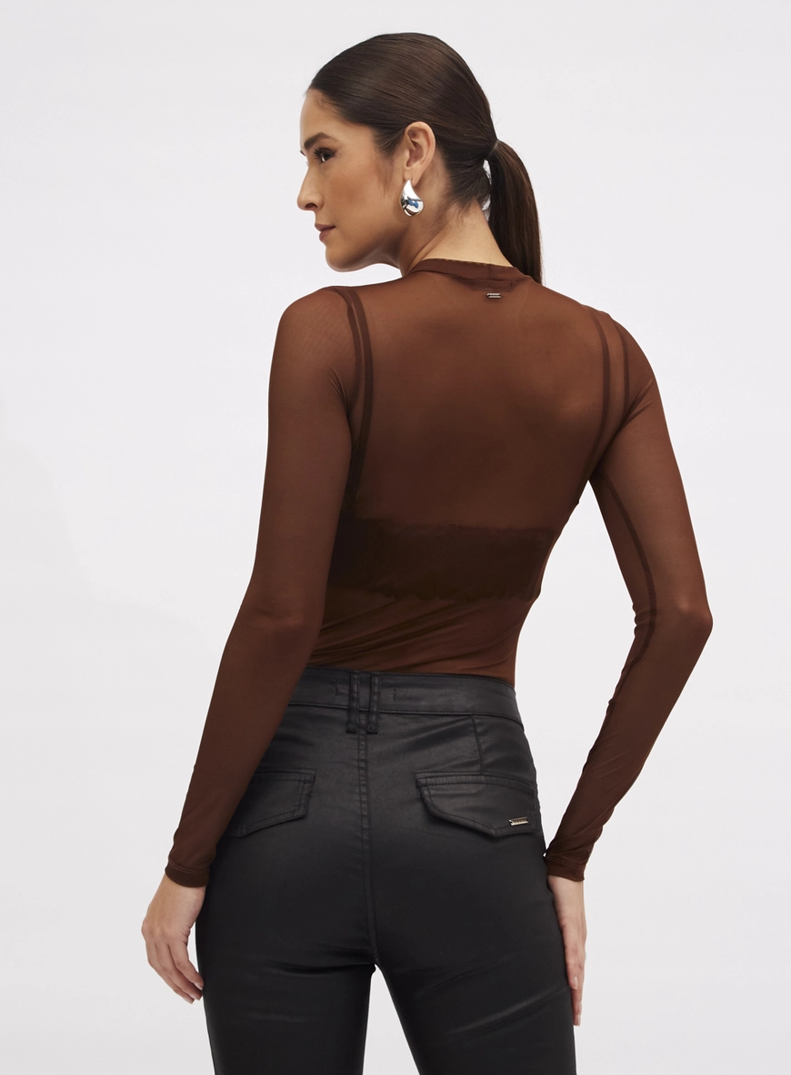 Blusa Feminina Slim Tule Manga Longa Marrom 3